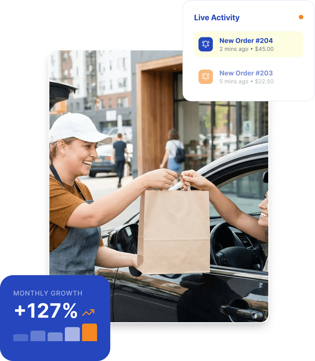 Customer receiving curbside pickup order from restaurant staff using Curbside Pickup